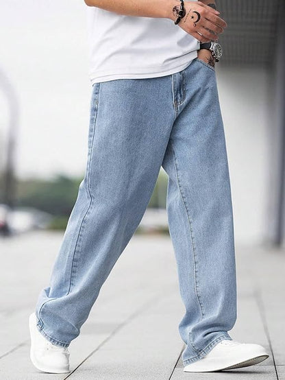 Men Relaxed Fit Mid Rise Baggy Light Blue Jeans