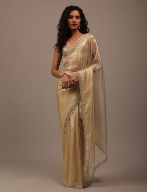 KALKI FASHION Gold-Toned Foil Saree In Tissue With Cut Dana Embroidered Borders with Unstitched Blouse