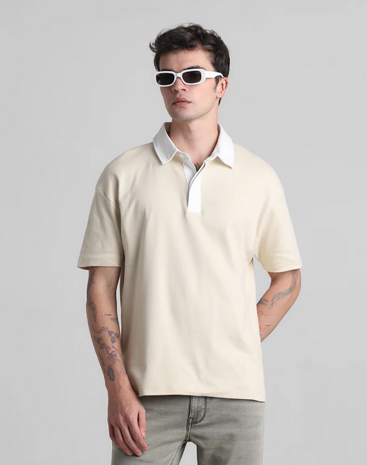 BEIGE COTTON OVERSIZED POLO T-SHIRT