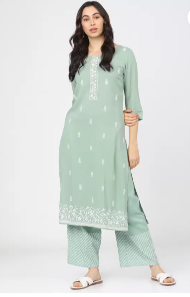 Vishudh  Women Printed Cotton Blend Straight Kurta