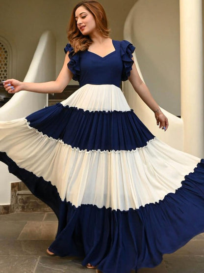 Colourblocked Sweetheart Neck Flutter Sleeves Maxi Dress