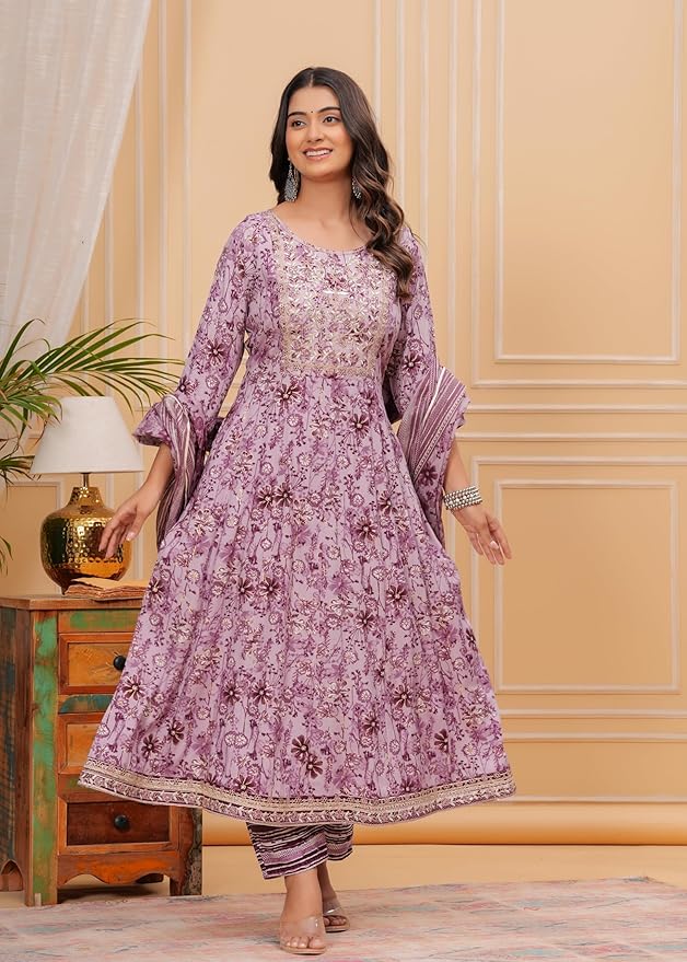 Women's Printed Rayon Anarkali Embroidered Kurta Set with Dupatta