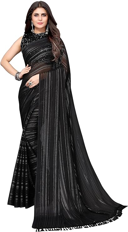 Yashika Women's Georgette Saree With Jari & Velvet Blouse with Sequence