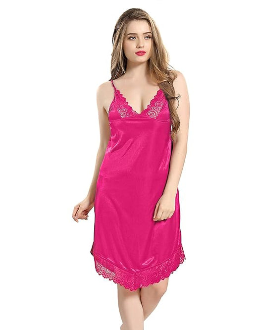 Women Satin Short Nighty with Lace & Robe 1306