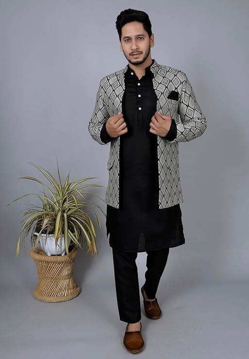 Amzira Men's Jacquard Casual Regular Printed Full Sleeve Knee Length Kurta Pyjama With Long Koti Jacket/Waistcoat 3 Piece Ethnic Wear Set