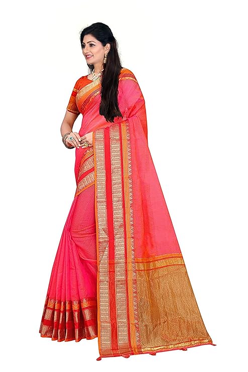 SWORNOF Women's & Girl's Kota Doria Cotton Saree With Blouse Piece