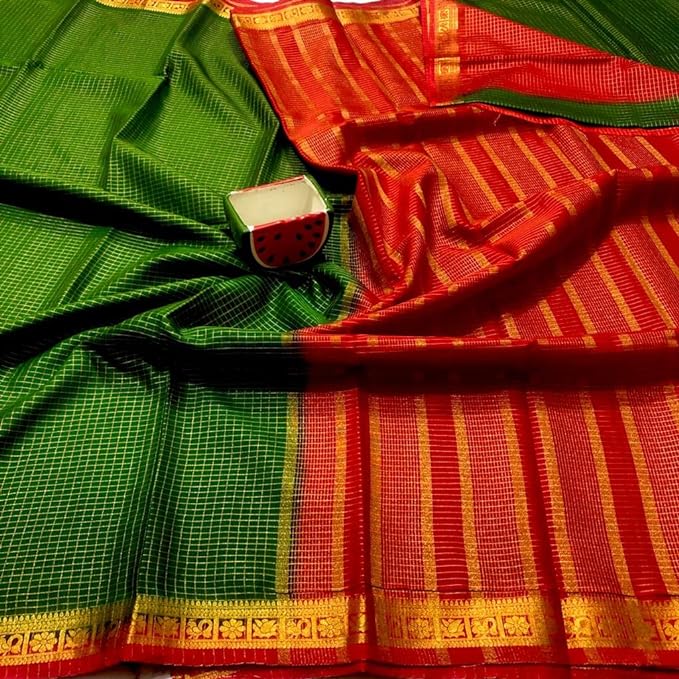 WiMO ready to wear one minute Mysore semi crepe silk saree, tiny zari checks and elegant small contrast border, rich pallu and contrast blouse