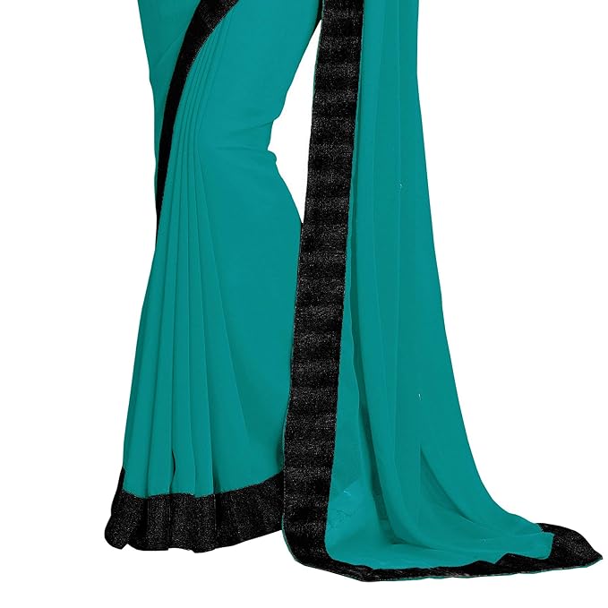 SOURBH Women's Faux Georgette Solid Contrast Lace Border Sari with Blouse Saree