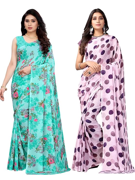 Women'S Georgette Saree Combo Pack Of 2 With Unstitched Blouse Piece