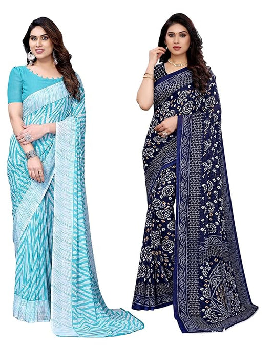 Women's Printed Georgette Saree With Blouse Piece Combo Pack of 2