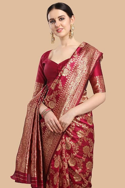 EthnicJunction Women's Kanchipuram Silk Half and Half Woven Saree With Blouse Piece