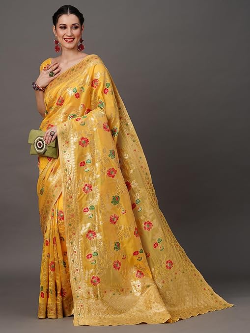 Women's Woven Design Zari Work Banarasi Silk Saree With Unstitched Blouse