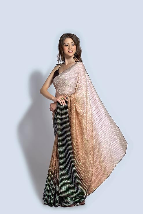 Thisma Women's Vichitra Silk Pedding Design Sequence Embroidery Work Saree With Banglori Satin Silk Unstitched Blouse Piece