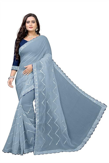 Pal fashion Women's Chiffon Embroidered & Gota Work Saree With Blouse Piece