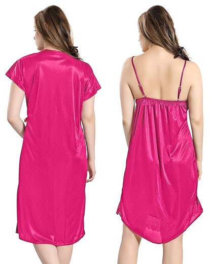 Women Satin Short Nighty with Lace & Robe 1306