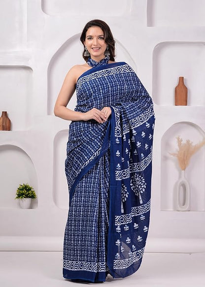 Rovim Women's Hand Block Indigo Ajrakh Printed Pure Cotton Mulmul Saree With Matching Blouse