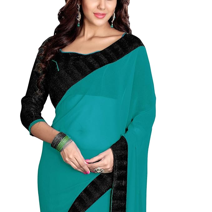 SOURBH Women's Faux Georgette Solid Contrast Lace Border Sari with Blouse Saree