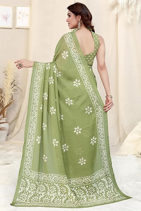 Women's Latest Chiffon Batik Printed Saree with Blouse Piece