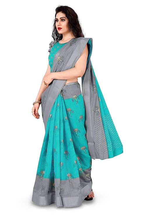 Women's Woven Cotton Blend Saree With Blouse Piece