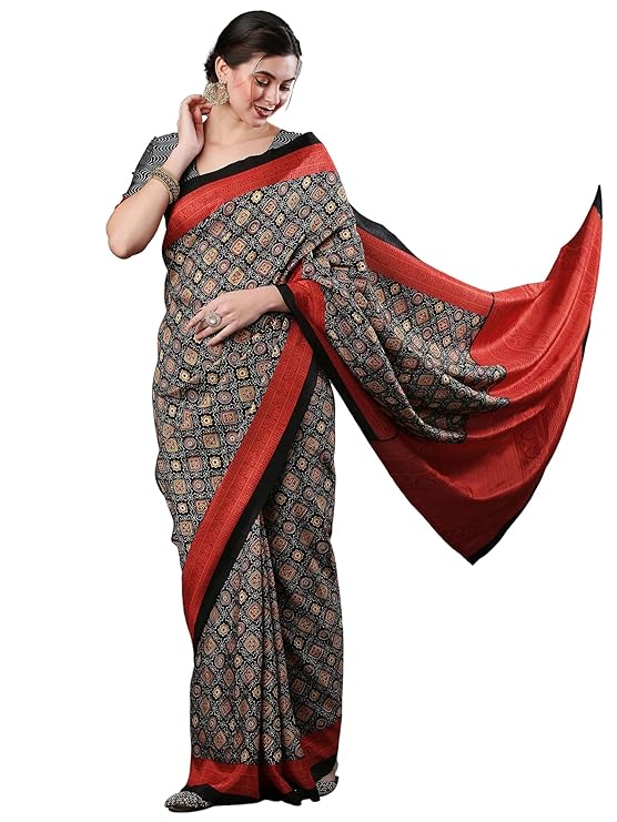 AKHILAM Women's Ajrak Block Print Dola Silk Saree With Unstitched Blouse Piece