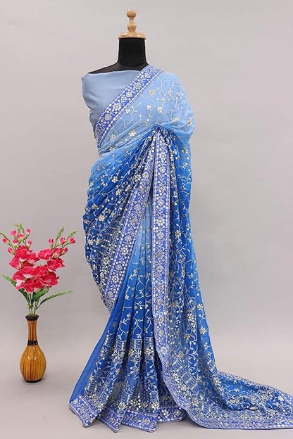 Women's Georgette Sequence with Embroidery work Saree with Unstitched Blouse Piece