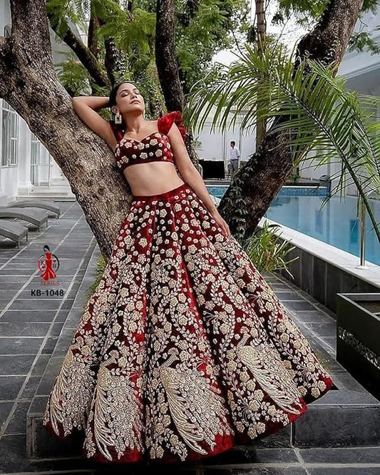 Velvet Floral Print Semi Stitched Wedding Bridal Latest Lehenga For Women