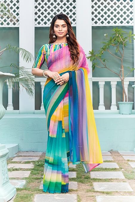 Glory Sarees Women’s Georgette Sequence Digital Print Saree With Blouse Piece