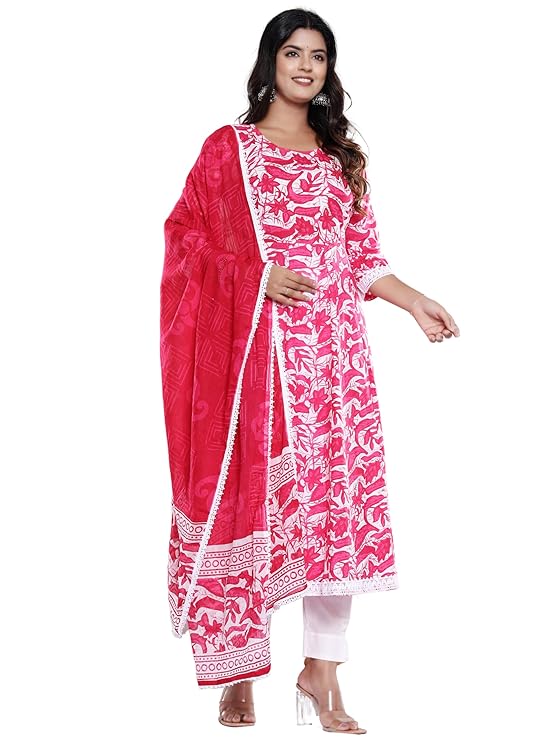 PARTHVI Women's Cotton Printed Anarkali Kurta with Palazzo & Dupatta Set