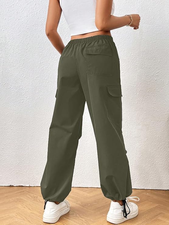 Women's & Girls' Solid Drawstring Waist Flap Pocket Side Parachute Cargo Pants