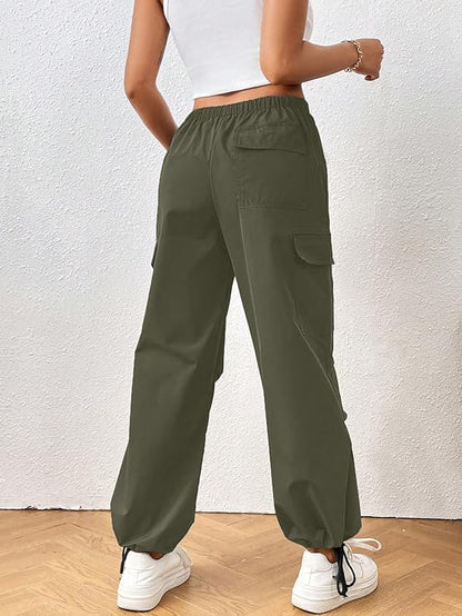 Women's & Girls' Solid Drawstring Waist Flap Pocket Side Parachute Cargo Pants