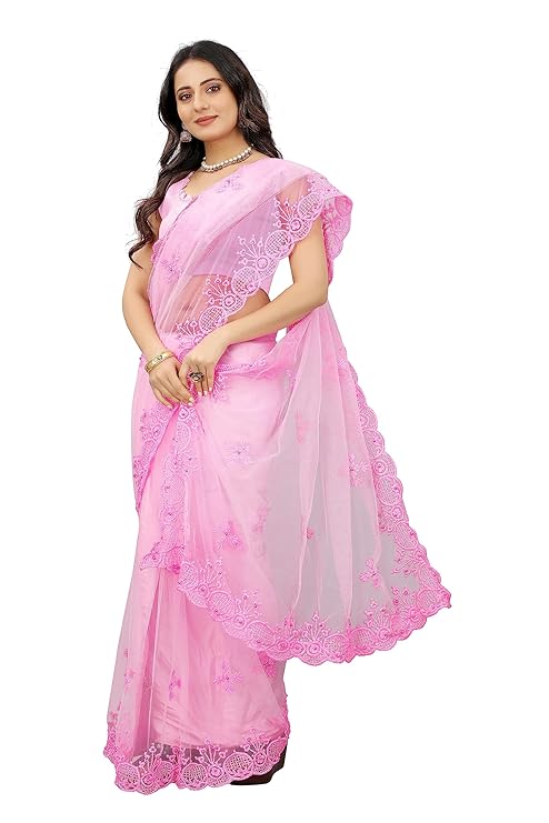 BARKIYA CREATION Women's Fashion Net Fabric Saree With Unstitch Blouse Piece