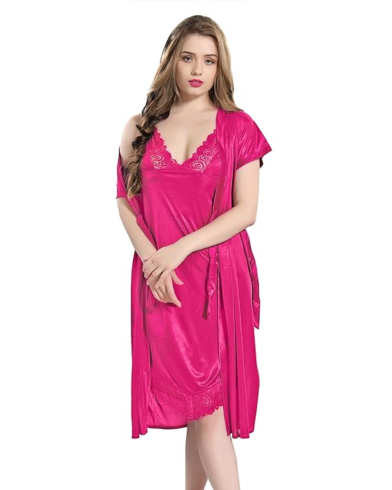 Women Satin Short Nighty with Lace & Robe 1306