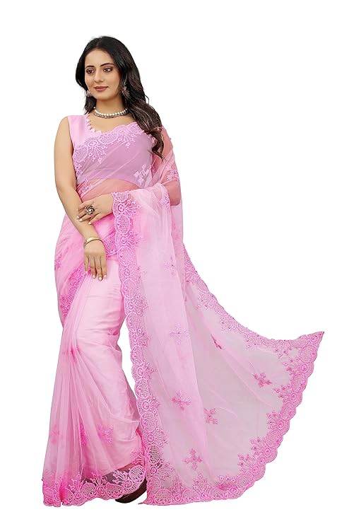 BARKIYA CREATION Women's Fashion Net Fabric Saree With Unstitch Blouse Piece