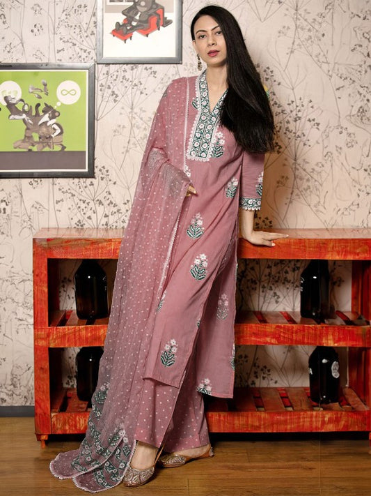 Floral Printed V-Neck Straight Kurta With Palazzos And Dupatta