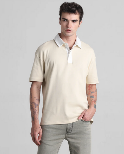 BEIGE COTTON OVERSIZED POLO T-SHIRT