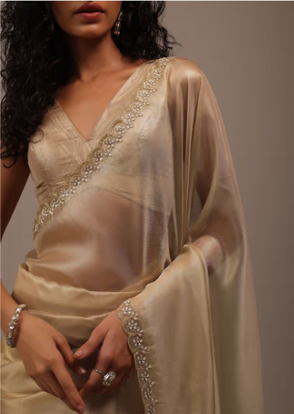 KALKI FASHION Gold-Toned Foil Saree In Tissue With Cut Dana Embroidered Borders with Unstitched Blouse