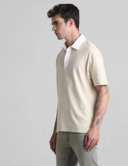 BEIGE COTTON OVERSIZED POLO T-SHIRT