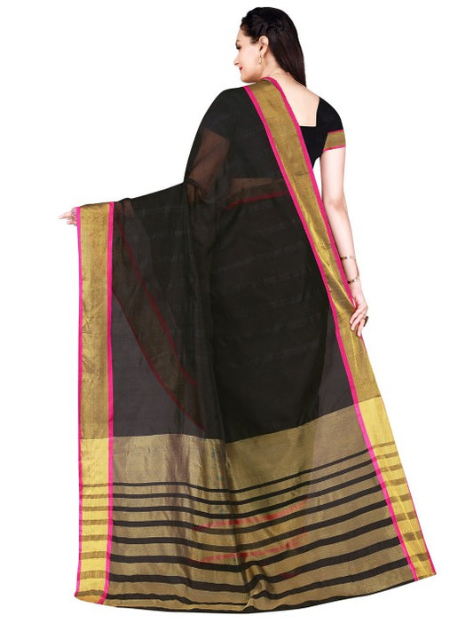 Women's Pure Kalyani Cotton Silk Saree with Zari Border and Blouse Piece (Black & Pink)