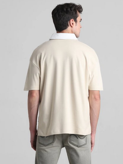 BEIGE COTTON OVERSIZED POLO T-SHIRT