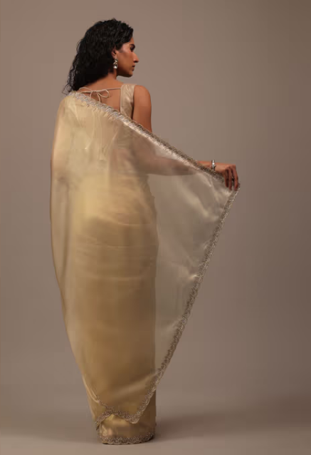 KALKI FASHION Gold-Toned Foil Saree In Tissue With Cut Dana Embroidered Borders with Unstitched Blouse