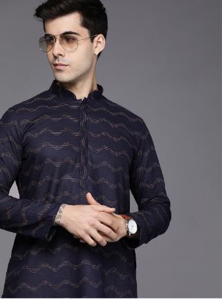 Men Dark Blue Kurta Wave Print