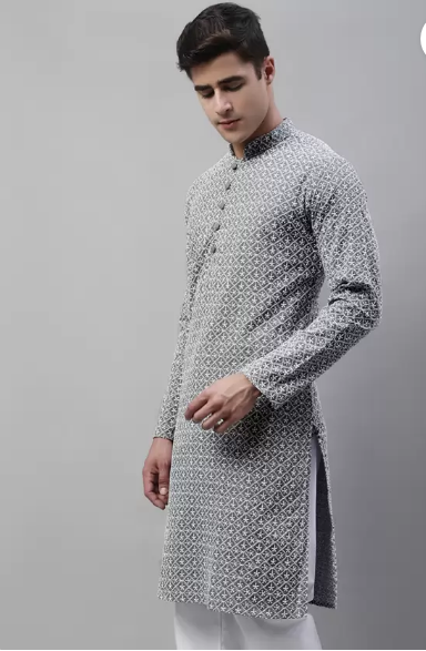 Men Chikan Embroidery Pure Cotton Straight Kurta