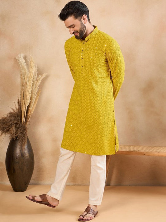 Ethnic Motifs Embroidered Mandarin Collar Straight Kurta