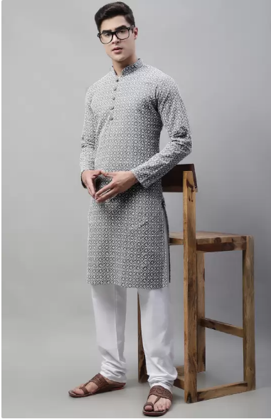 Men Chikan Embroidery Pure Cotton Straight Kurta