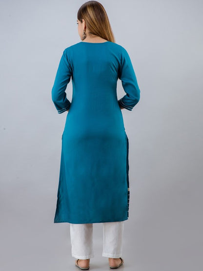 Women Turquoise Blue Ethic Motif Embroidered Kurta With Pant and Dupatta set