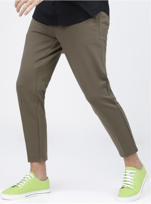 Men Olive Slim Fit Solid Casual Trousers