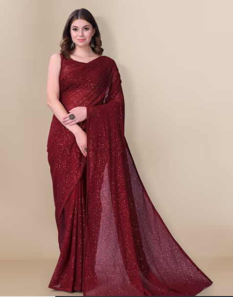 Embellished Sequinned Georgette Saree Maroon with Unstitched Blouse