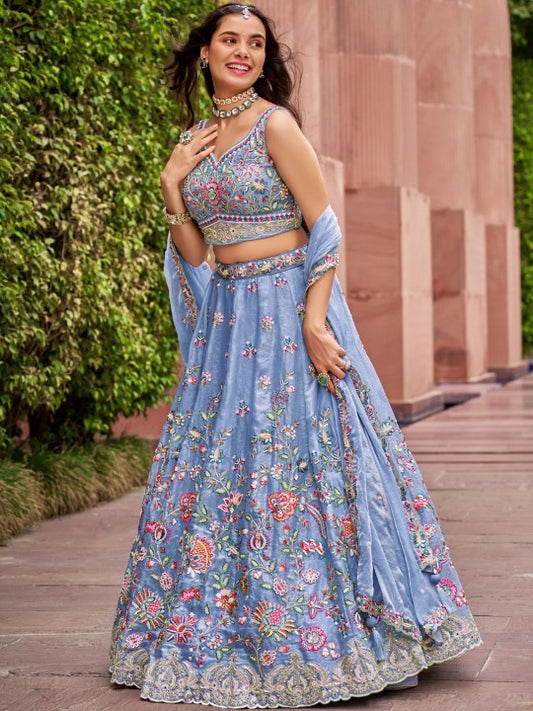 Embroidered Sequinned Semi-Stitched Lehenga & Unstitched Blouse With Dupatta