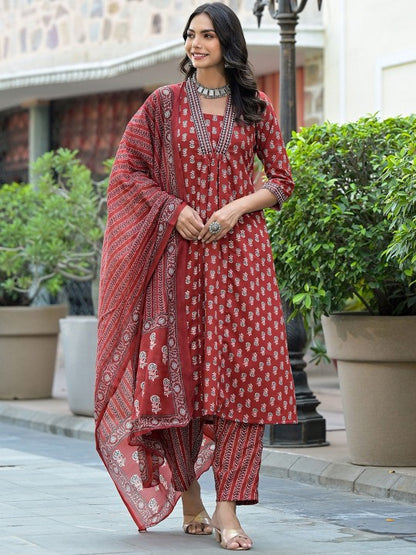 Floral Printed Thread Work A-Line Kurta With Trousers & Dupatta