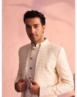 Vastramay Men's Cream Silk Blend Sherwani